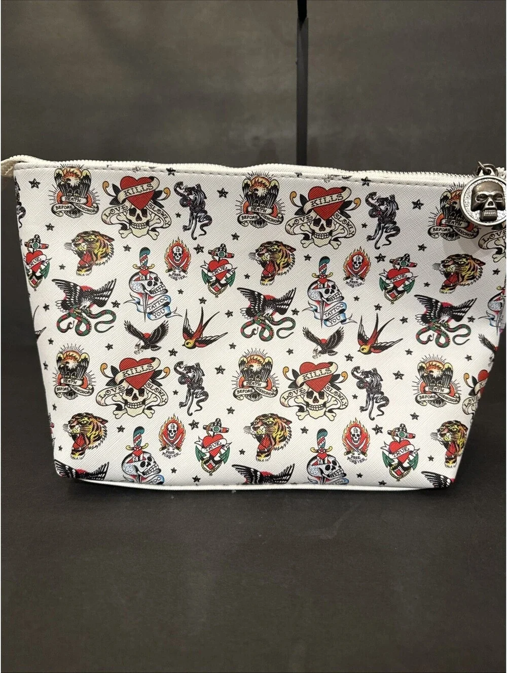 NWT Ed Hardy Clutch Cosmetic Bag White Tattoo  Y2K Style 12” W By 8” H Spacious
